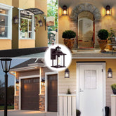 Collage of outdoor lighting fixtures on various home exteriors.